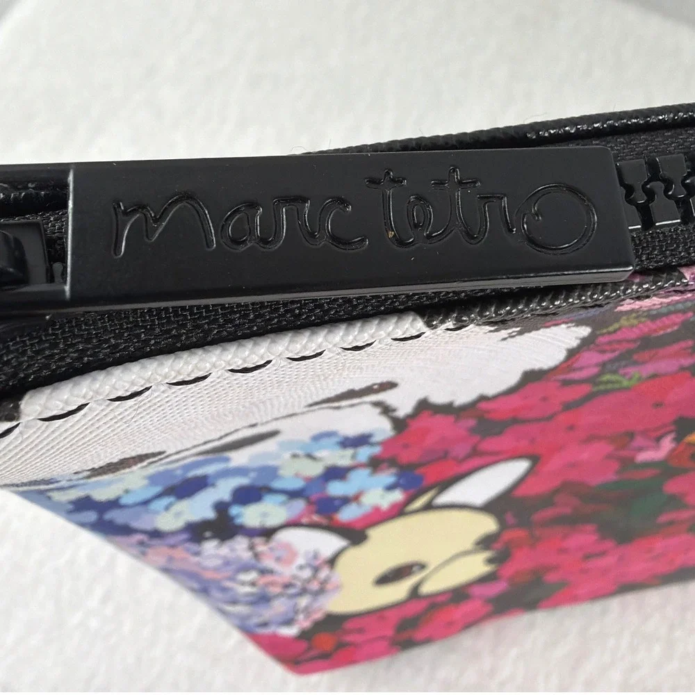 Marc Tetro Dog Floral Cosmetic Bag Saffiano Pouch Striped Lining Makeup Bag